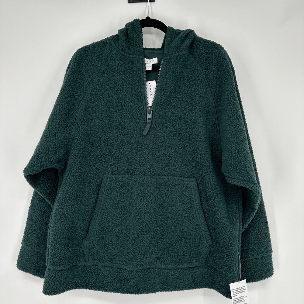 Topshop Borg Quarter Zip Fleece Hoodie Long Sleeve Pouch Pocket Sweater - Picture 2 of 7
